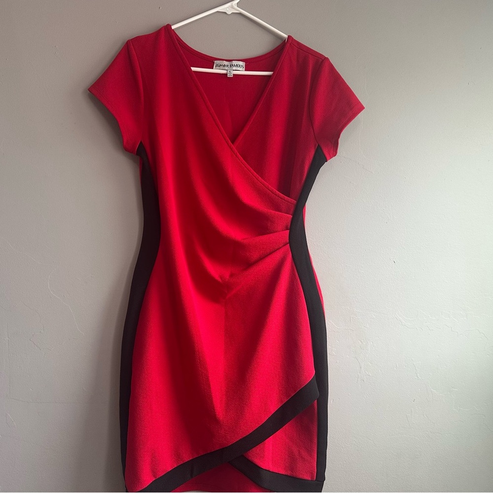Almost Famous Red Asymmetrical Dress with Black Trim
